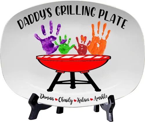 Plato personalizado para asar para papá con nombres de niños, arte infantil, placa de servicio de impresión de mano para la familia, placa de Plato