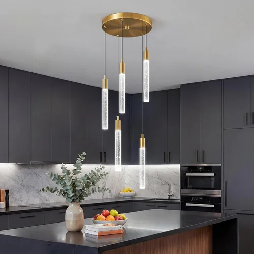 Miniatura 26 de Iluminación de Isla de Cocina Accesorio de Luz Moderna Lámpara Colgante Dorada Regulable LED Acabado de Latón Mini Luces Colgantes de Cristal