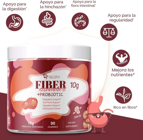 Miniatura 4 de Gominolas de fibra Migcopat con probióticos, 10 g de fibra por porción, sin azúcar añadida sabor a manzana, con mezcla de 10 mil millones de UFC