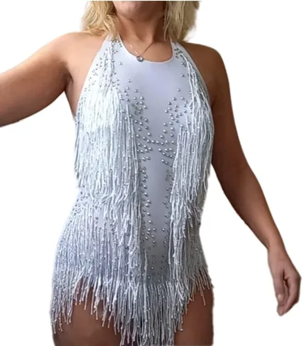 Miniatura 3 de Body blanco brillante con diamantes de imitación para mujer, traje de drag queen, trajes de baile con flecos
