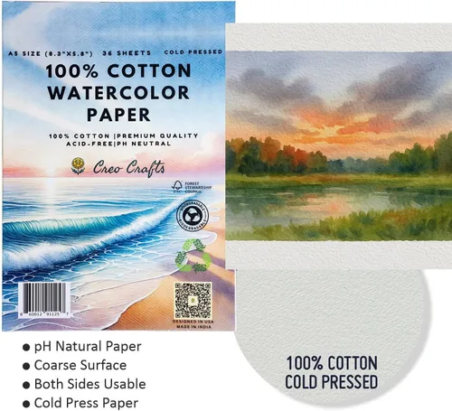 Miniatura 6 de Creo Crafts Papel de acuarela 100% algodón de 8 x 5 pulgadas, 36 hojas, A5, prensado en frío, sin ácidos, pH neutro, papel prémium de grado