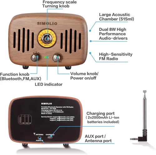 Miniatura 3 de SIMOLIO Altavoces Bluetooth retro de radio vintage, fuerte y potente sonido estéreo de 2 x 8 W, altavoz de madera de nogal negro natural con radio