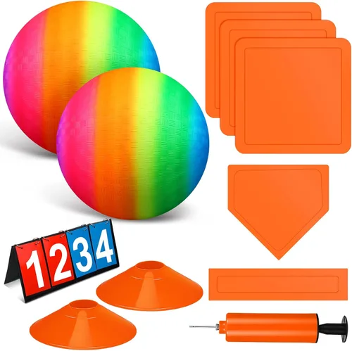 Jenaai El juego de 9 piezas de kickball deportivo incluye 2 piezas de Kickball, 5 bases de marcador y bomba de baloncesto, fútbol, béisbol, tenis,