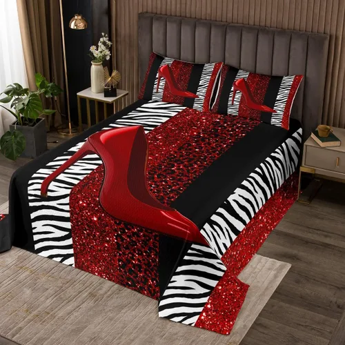Miniatura 8 de Juego de colcha con lazo para niños, tamaño individual, diseño de cebra y leopardo con purpurina, decoración de habitación para niñas y mujeres