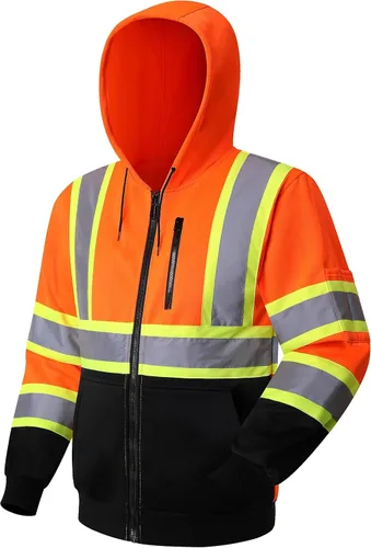 Miniatura 10 de JKSafety Sudadera de seguridad de alta visibilidad para hombres y mujeres, sudadera con capucha y cremallera de alta visibilidad con tiras