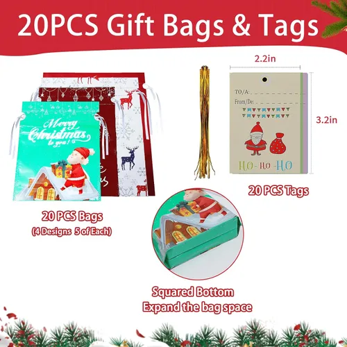 Miniatura 6 de Bolsas de regalo de Navidad con cordón, 20 bolsas de Navidad de varios tamaños para regalos, bolsas de plástico a granel, bolsas de regalo
