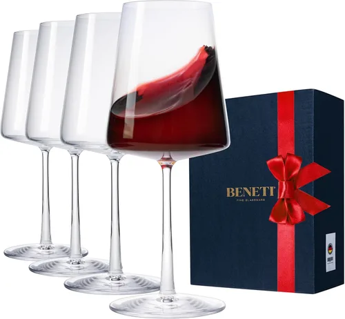 BENETI Juego de 4 Copas de Vino | 17 oz Cristal de Lujo Hecho a Mano para Vino Tinto y Blanco con Tallo Largo | Forma Moderna Única, Empaquetado en
