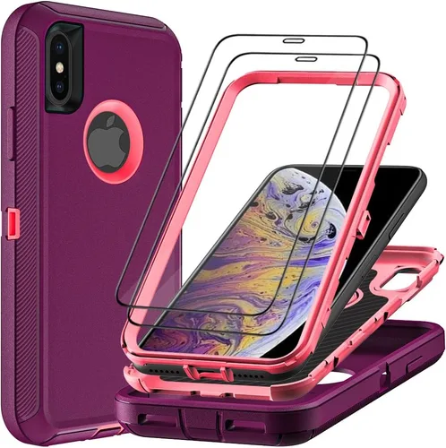 Miniatura 11 de Funda para iPhone X/iPhone Xs con 2 protectores de pantalla de vidrio templado, grado militar 3 en 1, resistente a prueba de golpes, a prueba
