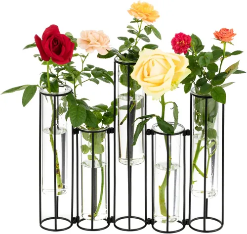 Jarrón de tubos de ensayo de vidrio con soporte para flores, jarrón negro con bisagras y estantes de metal hidropónico, juego de 5 jarrones de