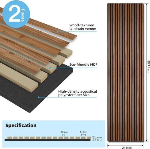 Miniatura 2 de Art3d Paquete de 2 paneles acústicos de listones de madera de 94.5 x 24 pulgadas para pared y techo - 31 pies cuadrados Panel acústico 3D estriado