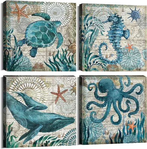 YOOOAHU - 4 unidades de arte de pared de impresión en lienzo con diseño de océano, animales marinos, tortuga marina, caballito de mar, ballena, Verde