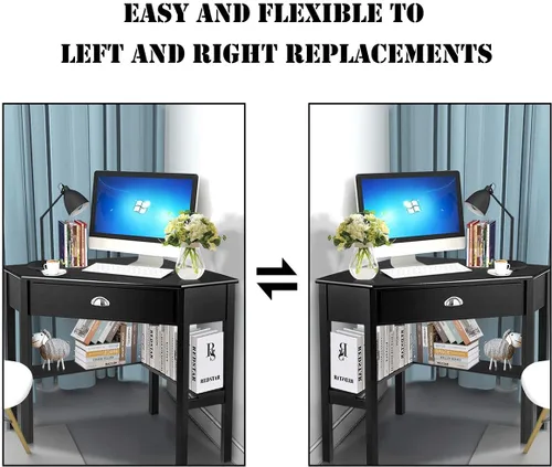 Miniatura 4 de RELAX4LIFE Escritorio esquinero para computadora triangular con cajón y estantes, mesa estable para computadora portátil, escritorio para oficina