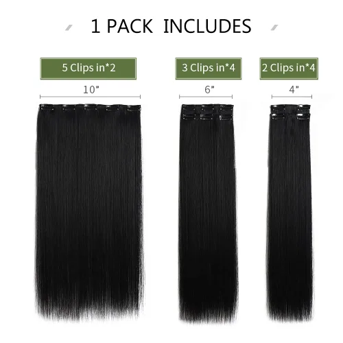 Miniatura 4 de Extensiones de cabello negro lacio, 2 juegos de extensiones de cabello con clip para mujeres, Halloween, 5 piezas de 22 pulgadas, piezas de cabello