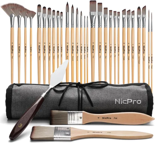 Miniatura 8 de Nicpro Juego de 30 pinceles de pintura, pinceles estéticos pastel con espátula de pintura y rollo de tela, pinceles de pintura para pintura