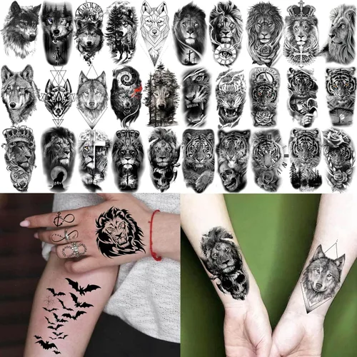 Miniatura 4 de 60 hojas de tatuajes temporales 3D de león y tigre geniales para hombres y mujeres, tatuajes falsos pequeños y aterradores de diablo, calavera