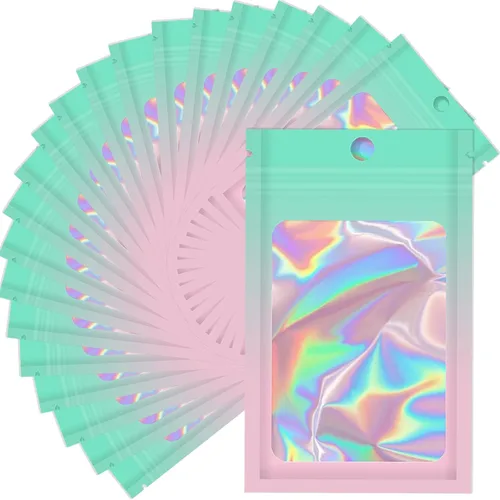 Miniatura 20 de Bolsas holográficas Mylar de 4 x 6 pulgadas, 100 bolsas pequeñas transparentes resellables a prueba de olores, bolsa de embalaje de plástico para 5