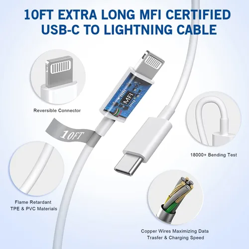 Miniatura 3 de Cargador rápido para iPhone, [certificado MFi] Paquete de 2 cables USB C a Lightning de 10 pies + cargador USB C de 20 W PD USB C adaptador de carga