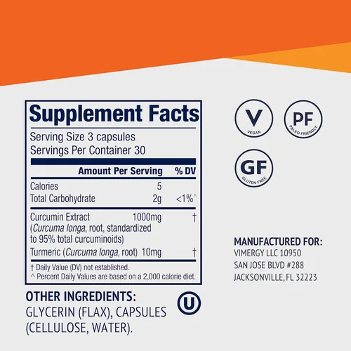 Miniatura 4 de Vimergy Curcumina con suplemento de cúrcuma, 1000 mg de extracto/porción de curcumina - Cápsulas líquidas - Sin OMG, sin gluten, kosher, vegano