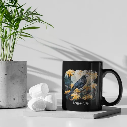Miniatura 6 de Taza de café personalizada de cuervo con nombre de amante de cuervos, taza de café negra personalizada de animales de 11 onzas y 15 onzas, taza