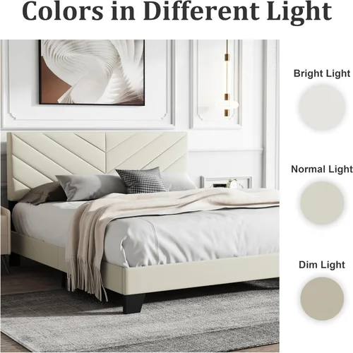 Miniatura 7 de IOILORI Base de cama de tamaño matrimonial con cabecera tapizada, listones de madera resistentes, silencioso, no requiere resortes, fácil de montar