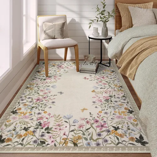Miniatura 19 de Wonnitar Alfombra de área lavable de 2 x 3, alfombra de entrada floral verde, alfombra bohemia pequeña antideslizante para baño, alfombra suave