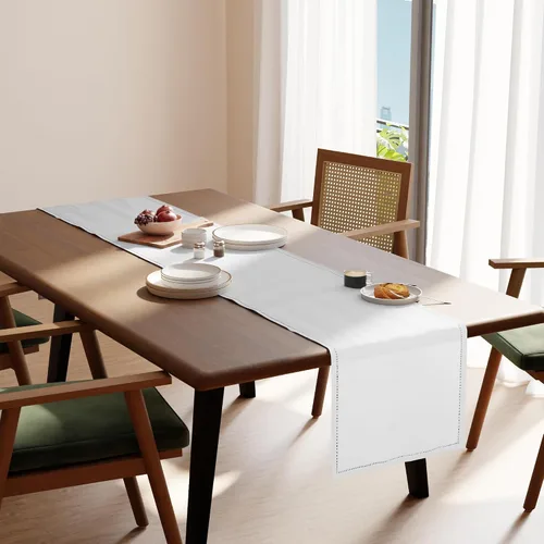Miniatura 2 de Encasa XO Camino de mesa de comedor de 13 x 59 pulgadas, diseño de dobladillo de algodón puro, blanco, lavable a máquina
