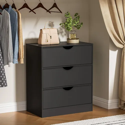 Housoul - Cómoda de 3 cajones para dormitorio con cajones de tela y PU y marco de madera, cómoda pequeña de color negro con gran organizador, cómoda