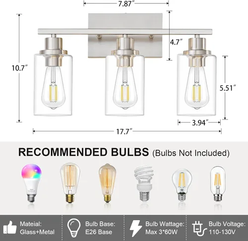 Miniatura 3 de Accesorios de iluminación de baño de 3 luces de níquel cepillado, lámpara de tocador sobre espejo, iluminación de pared moderna de granja, apliques