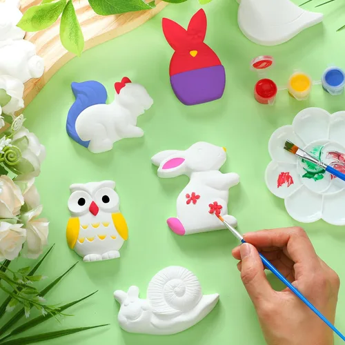 Miniatura 4 de Sinmoe 12 juegos de kit de arte y manualidades, kit de pintura de cerámica sin pintar DIY, pinta tus propias figuras con 12 imanes, 2 pinceles y 1