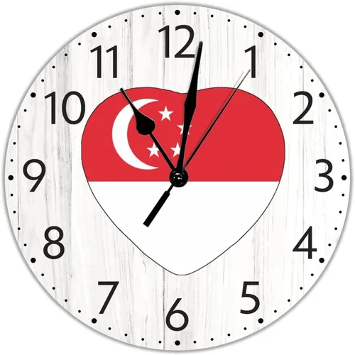 UFunhome Reloj de pared con bandera de Singapur, con diseño de bandera nacional, sin tictac, funciona con pilas, 10 pulgadas, bandera nacional