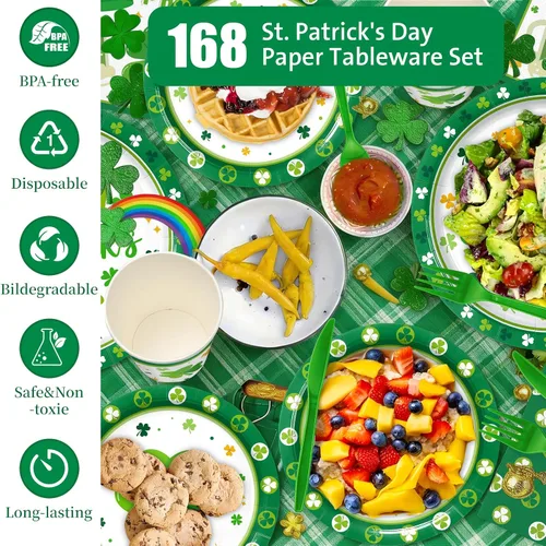 Miniatura 5 de 168 piezas de suministros para fiesta del día de San Patricio, platos y servilletas de papel del día de San Patricio, tazas, cuchillo, tenedor y St.