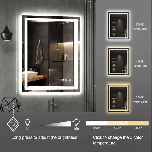 Miniatura 5 de LED Bathroom Mirror, 24x32 Inch Gradient Front and Backlit Vanity Mirror with Lights, 3 Colors Dimmable CRI>90 Double Lights, IP54 Enhanced