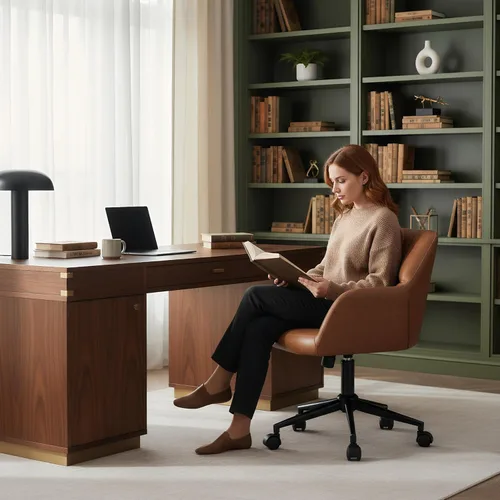 Miniatura 9 de HNY Silla de escritorio moderna de piel sintética, altura ajustable, cómoda silla giratoria de maquillaje con ruedas para sala de estar, computadora