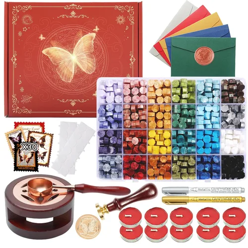 Kit de Sellado de Cera con Caja de Regalo, 630 Piezas de Cuentas de Sellado de 24 Colores, Sello de Mariposa, Calentador de Cera de Sellado, Sobres,