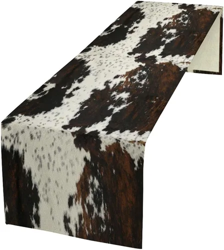 Miniatura 59 de Camino de mesa con estampado de piel de vaca, lino y algodón, rústico, estilo occidental, color negro, marrón, piel de vaca, para decoración