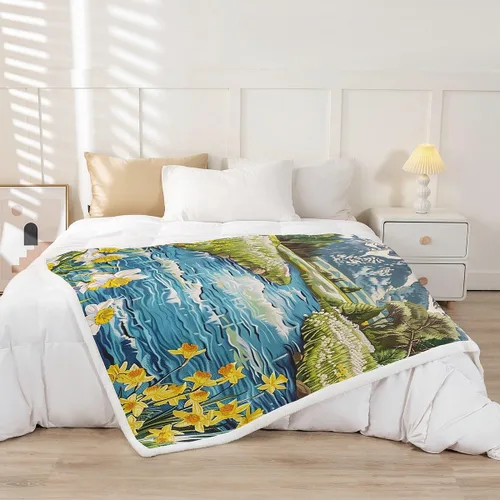 Miniatura 2 de Manta de franela Nature River para todas las estaciones, diseño de árboles nevados y selva, flores, acuarela, para decoración de habitaciones, manta