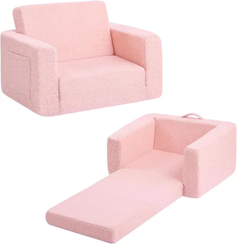 Tiita Sillón Sofá para Niños, Sillas Sofá Cómodas Plegables para Niños Pequeños, Sofás de Felpa 2 en 1 Desplegables para Niños, Silla con Rosa