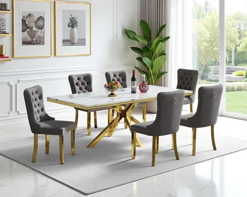 Miniatura 15 de Juego de mesa de comedor de mármol para 6, mesa de cocina rectangular de mármol blanco de 70 pulgadas con patas en X de acero inoxidable dorado