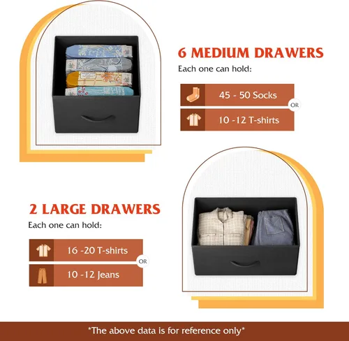 Miniatura 4 de WLIVE Cómoda de 8 cajones para dormitorio, cómoda de tela negra con gran unidad de cajones de almacenamiento para entrada, cómoda de cajones