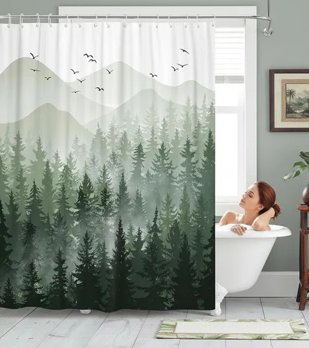 Miniatura 4 de Accnicc Juego de cortinas de ducha con diseño de bosque nebuloso, naturaleza, montaña, pino, cortinas de ducha para baño, ombre verde salvia blanco