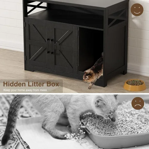 Miniatura 7 de Halitaa - Caja de arena para gatos oculta, mueble con almohadilla para rasguñar, casa de campo para gatos con mesa de baño, negra
