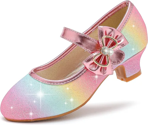 Dufannie Zapatos de vestir para niñas, zapatos de tacón bajo de princesa, zapatos planos con purpurina para bodas y fiestas