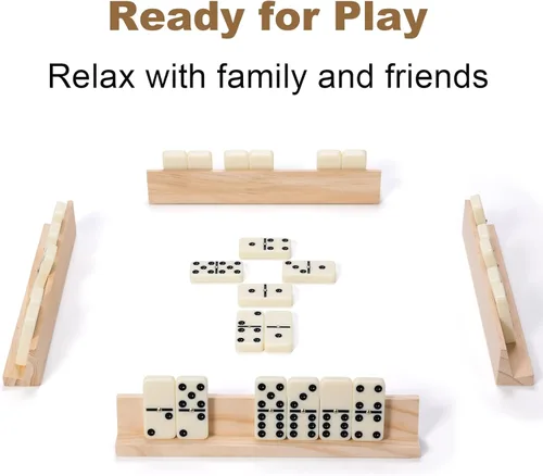 Miniatura 6 de Juego de 6 dominó dobles para adultos con 4 estantes de madera, 28 fichas, juego de mesa de dominó clásico con funda de viaje portátil