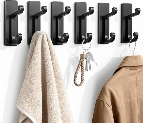 Paquete de 6 ganchos negros autoadhesivos para pared, ganchos adhesivos para ropa, toallas, batas, llaves, bolso, mochila, ganchos resistentes para