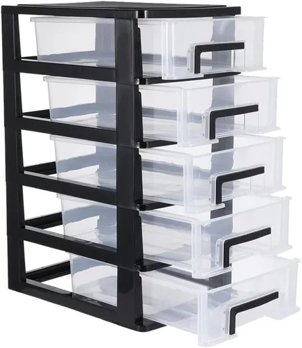 Tofficu Torre de almacenamiento de plástico de 5 cajones, gabinete de almacenamiento multifuncional con cajones transparentes, estuche organizador