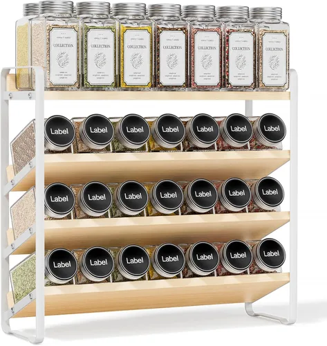 Miniatura 9 de MUDEELA Organizador de especias transparente para gabinete, estante vertical de 4 niveles, organizador de condimentos de madera para encimera