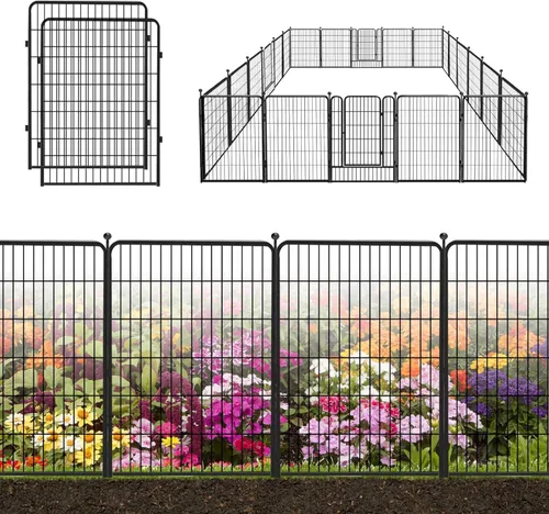 Valla decorativa de metal negro para jardín con puerta, 50 pies de largo y 40 pulgadas de alto, 22 paneles de valla sin excavación, valla de barrera