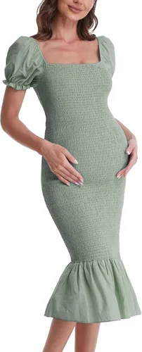 Miniatura 4 de Vestido de maternidad de verano a media pierna, manga corta abombada, cuello cuadrado, dobladillo con volantes, vestido de sirena para baby shower