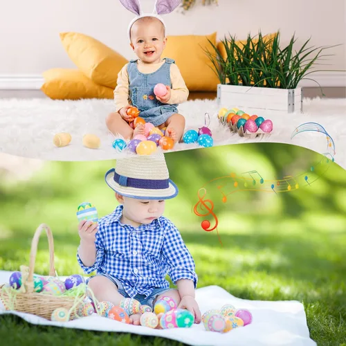 Miniatura 4 de Morcheiong Juego de 24 pompones de huevos de madera, instrumentos musicales con 24 bolígrafos multicolores, huevos de maracas, huevos de Pascua