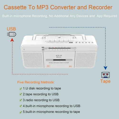 Miniatura 5 de Reproductor de cassette Boombox, radio AM/FM portátil estéreo con Bluetooth, USB, altavoz grande doble, conector para auriculares, grabación a